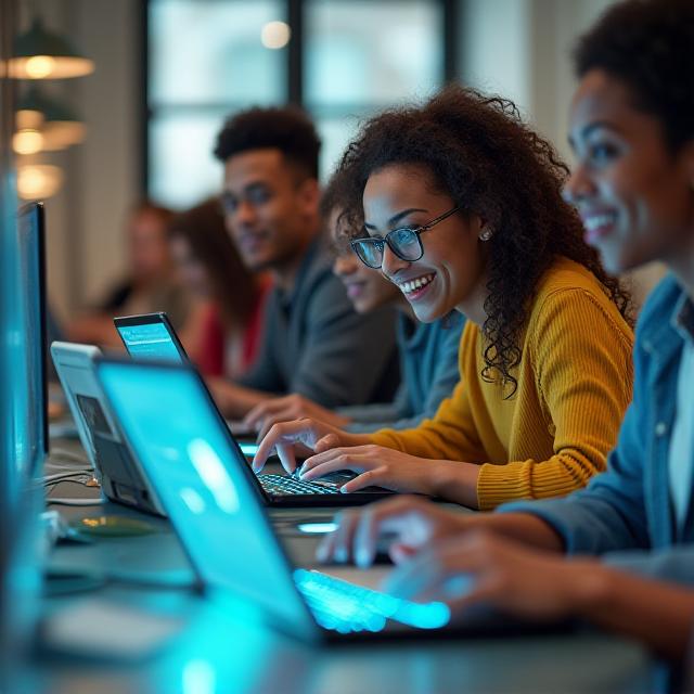 Students learning digital technology on modern devices